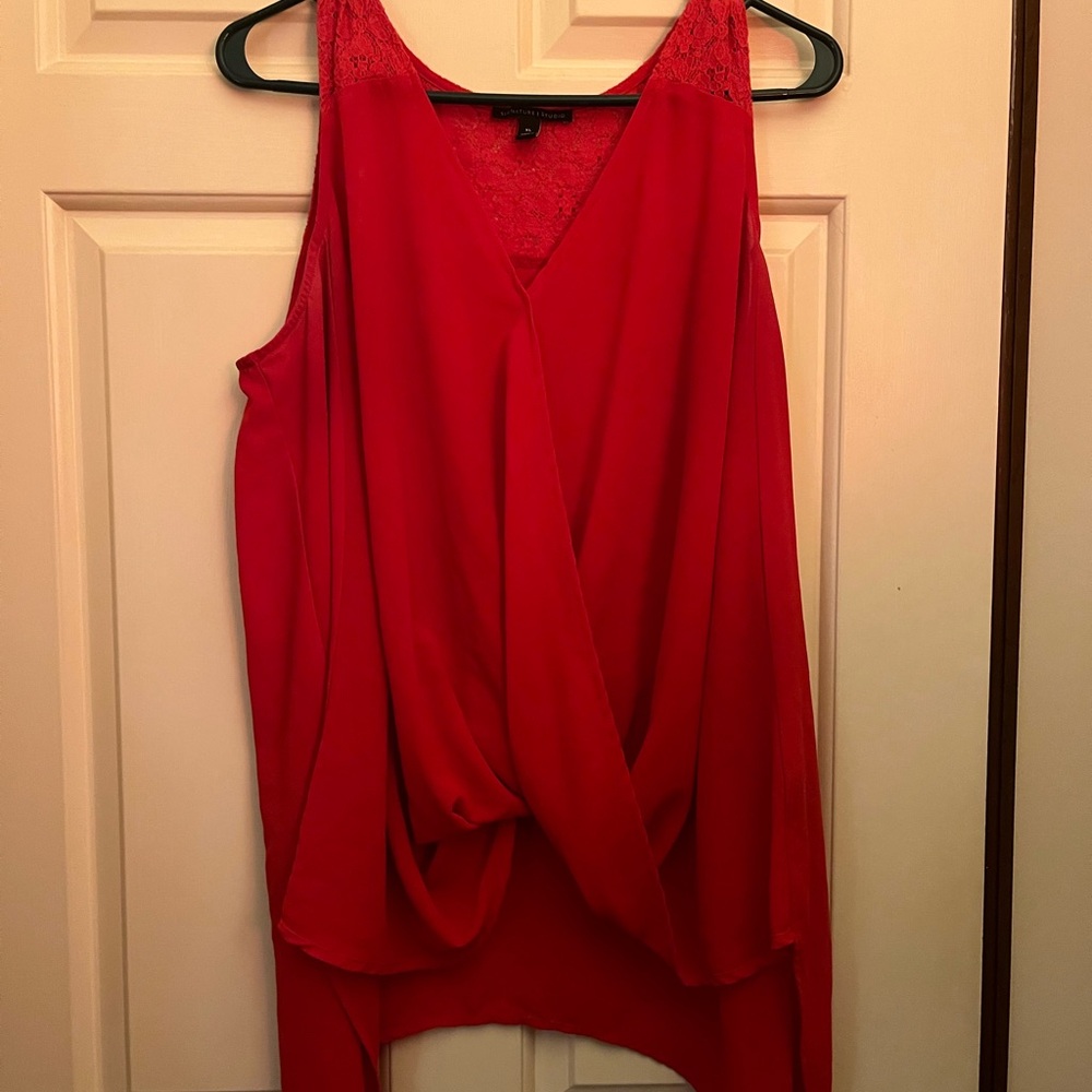 Signature Studio Red Lace-Trim Draped Tank